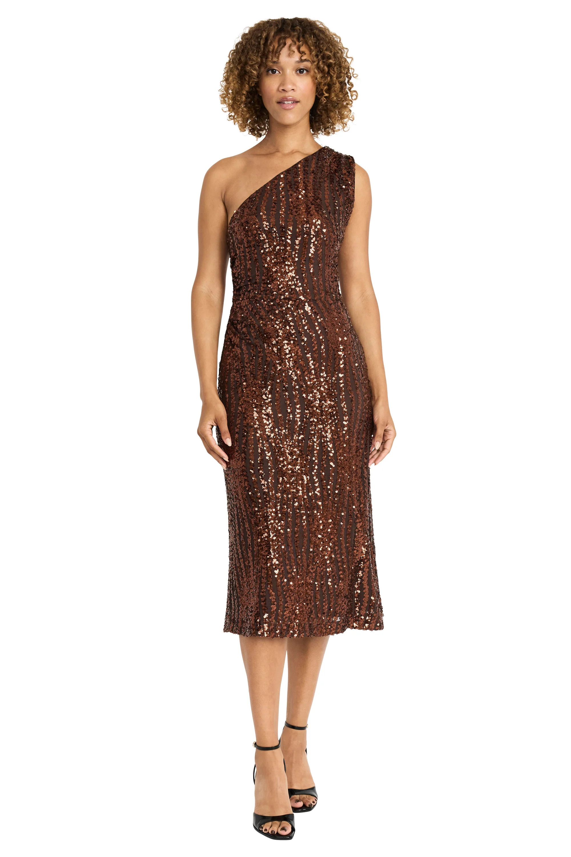 ONE SHOULDER SEQUIN MIDI DRESS | Maggy London