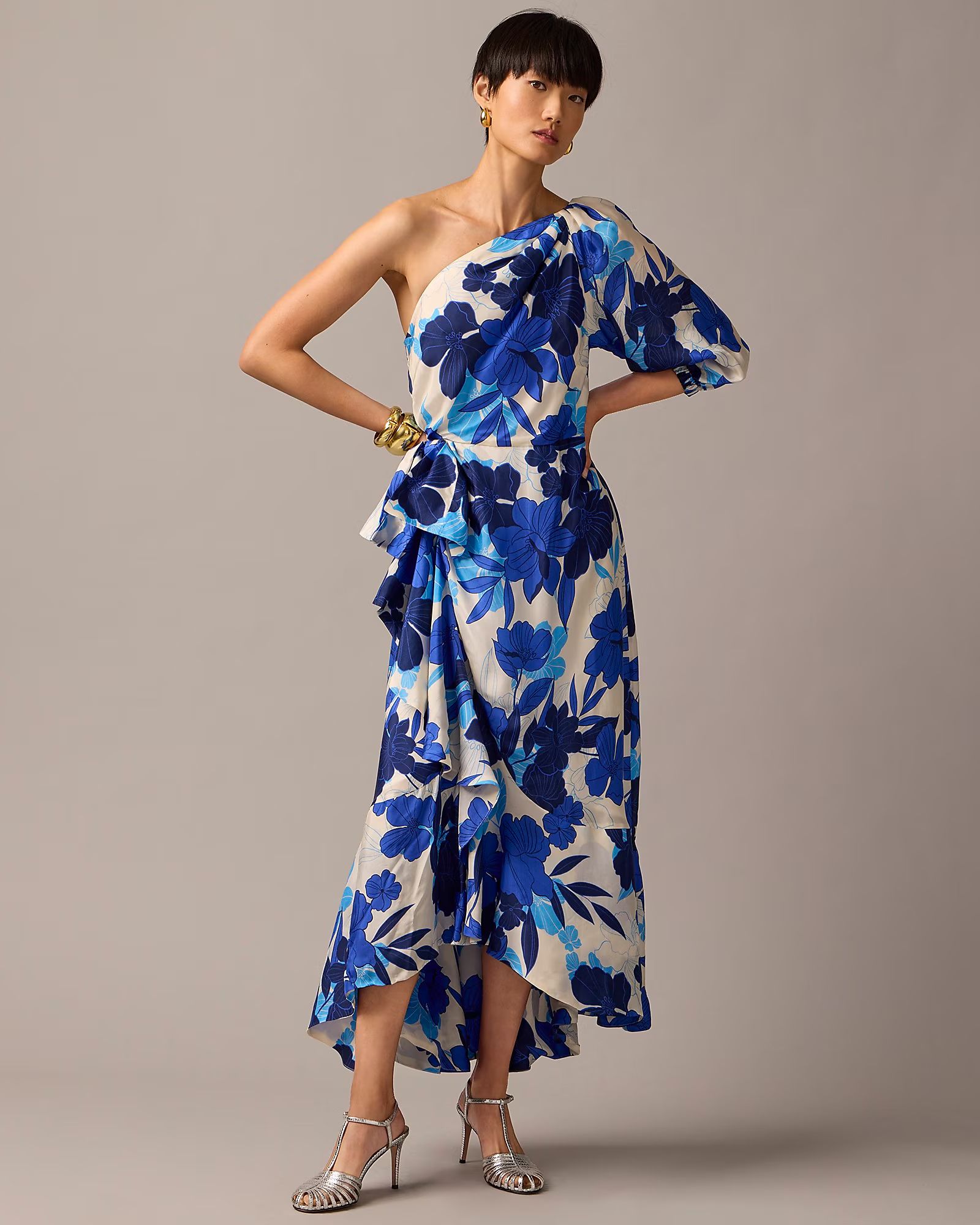 Collection one-shoulder ruffle-hem dress in painted floral print | J.Crew US