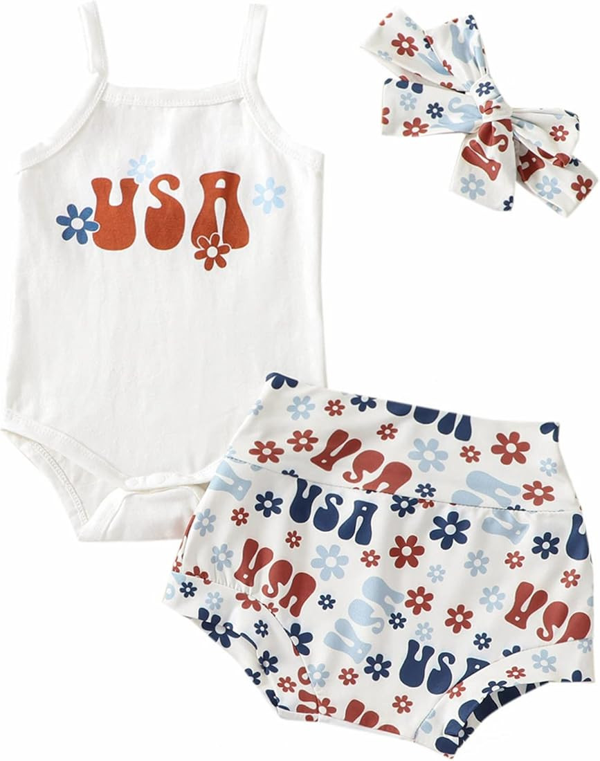 LIN&BABAY Newborn Baby Girl 4th of July Outfit USA Letter Print Sleeveless Romper+Floral Shorts+H... | Amazon (US)