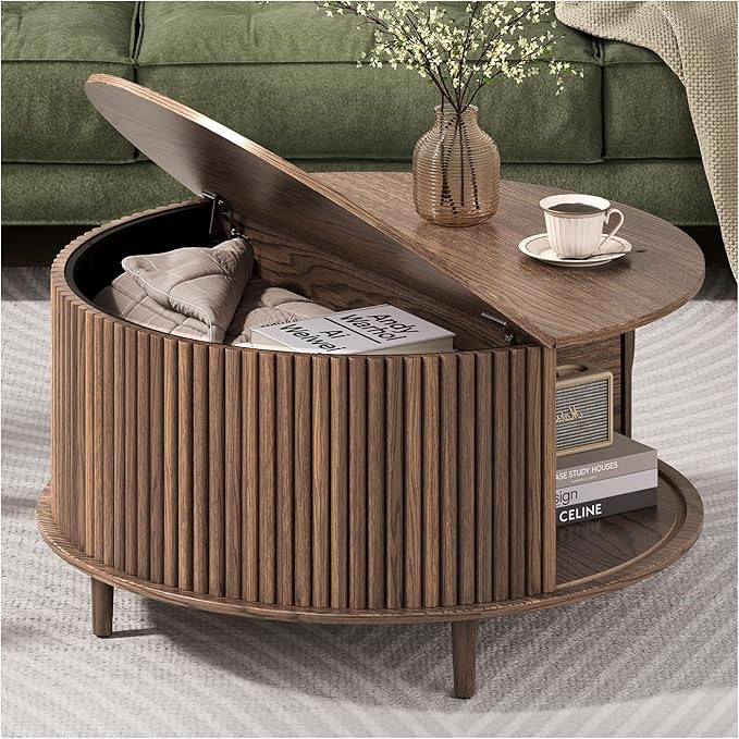 Round Coffee Table with Storage, 31.5" Walnut Wood Drum Table, Fluted Circle Center Table for Liv... | Amazon (US)