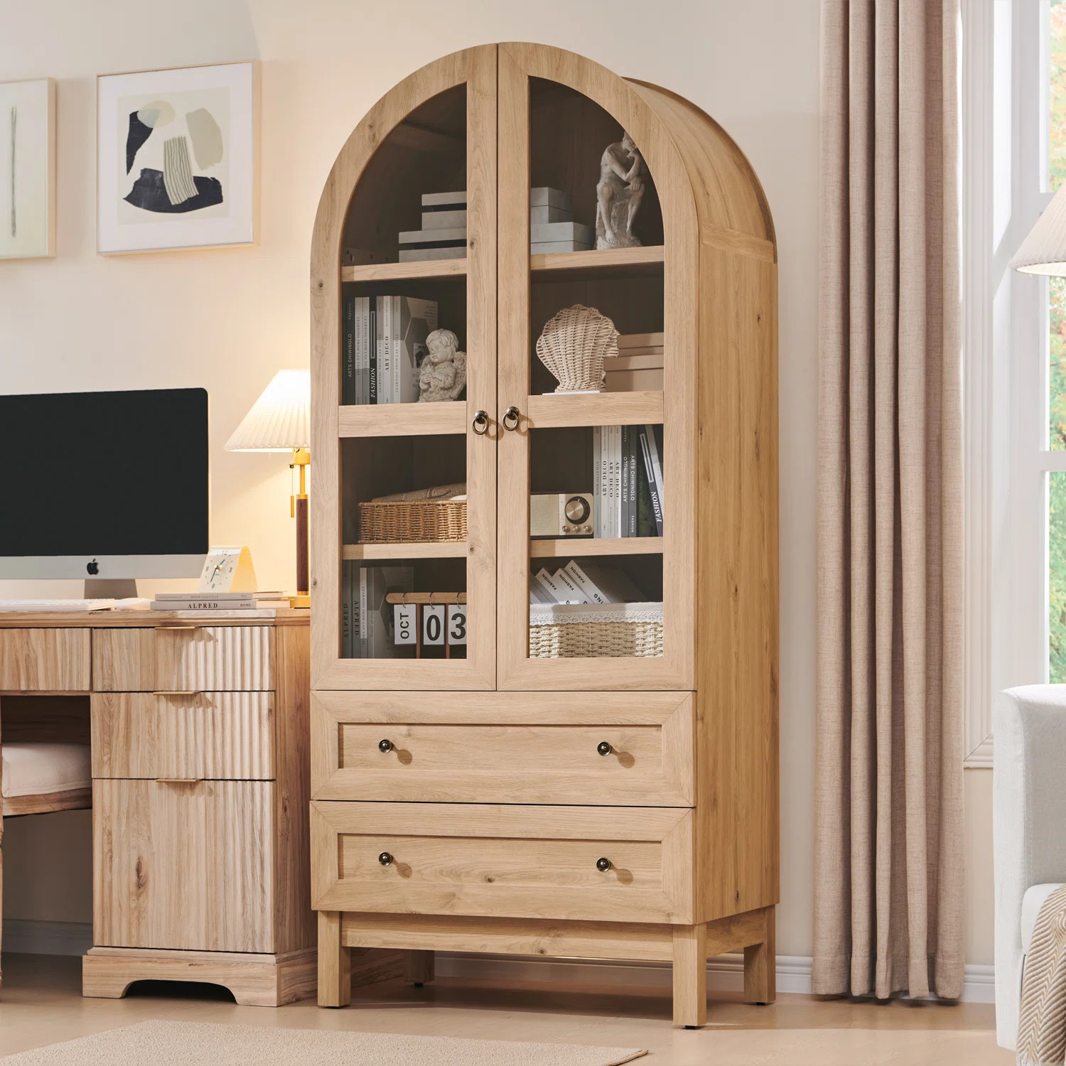 71" Tall Arched Bookshelf, 4-Tier Bookcase with Glass Doors and Shelves, Wooden Display Cabinet w... | Wayfair North America