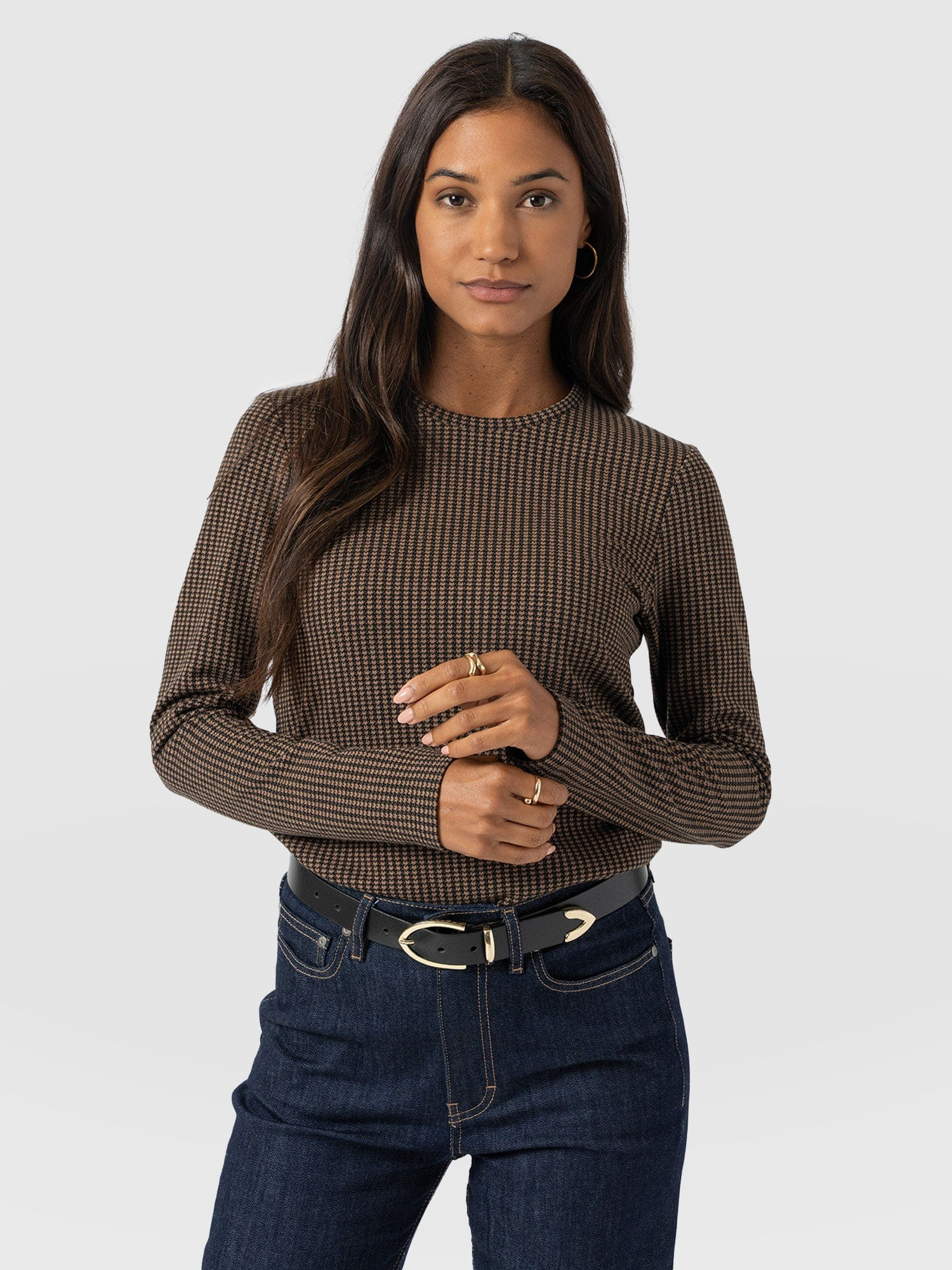 Glen Crew Neck Tee Long Sleeve - Brown Mini Houndstooth | Saint + Sofia