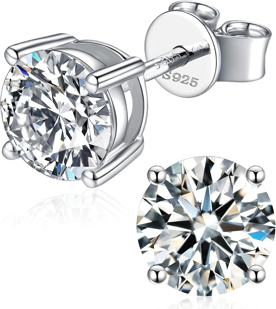 Moissanite Stud Earrings for Women, 925 Sterling Silver Earrings, 18K White Gold Plating earrings... | Amazon (US)