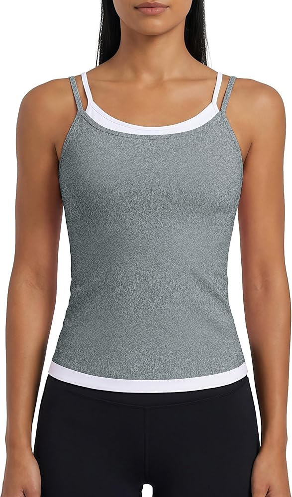 ATTRACO Women Double Spaghetti Strap Workout Tank Tops Ruched Athletic Tank Top with Bulit in Bra... | Amazon (US)