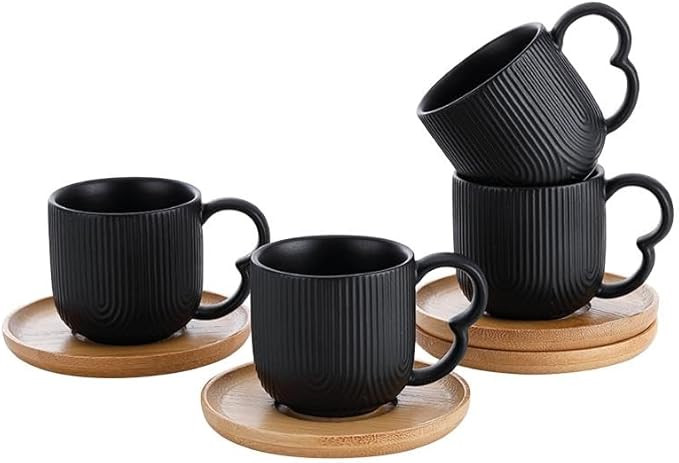 Jogo 4 Xicaras De Café Porcelana com Pires Bambu 90ml Oásis (Preto) | Amazon (BR)
