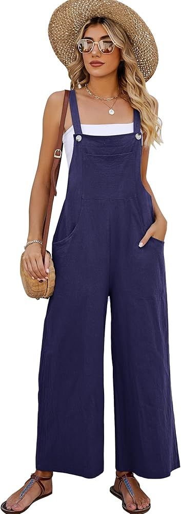 COZYPOIN Women's Cotton Bib Overalls Wide Leg Loose Fit Jumpsuit Baggy Fashion Sleeveless Rompers | Amazon (US)