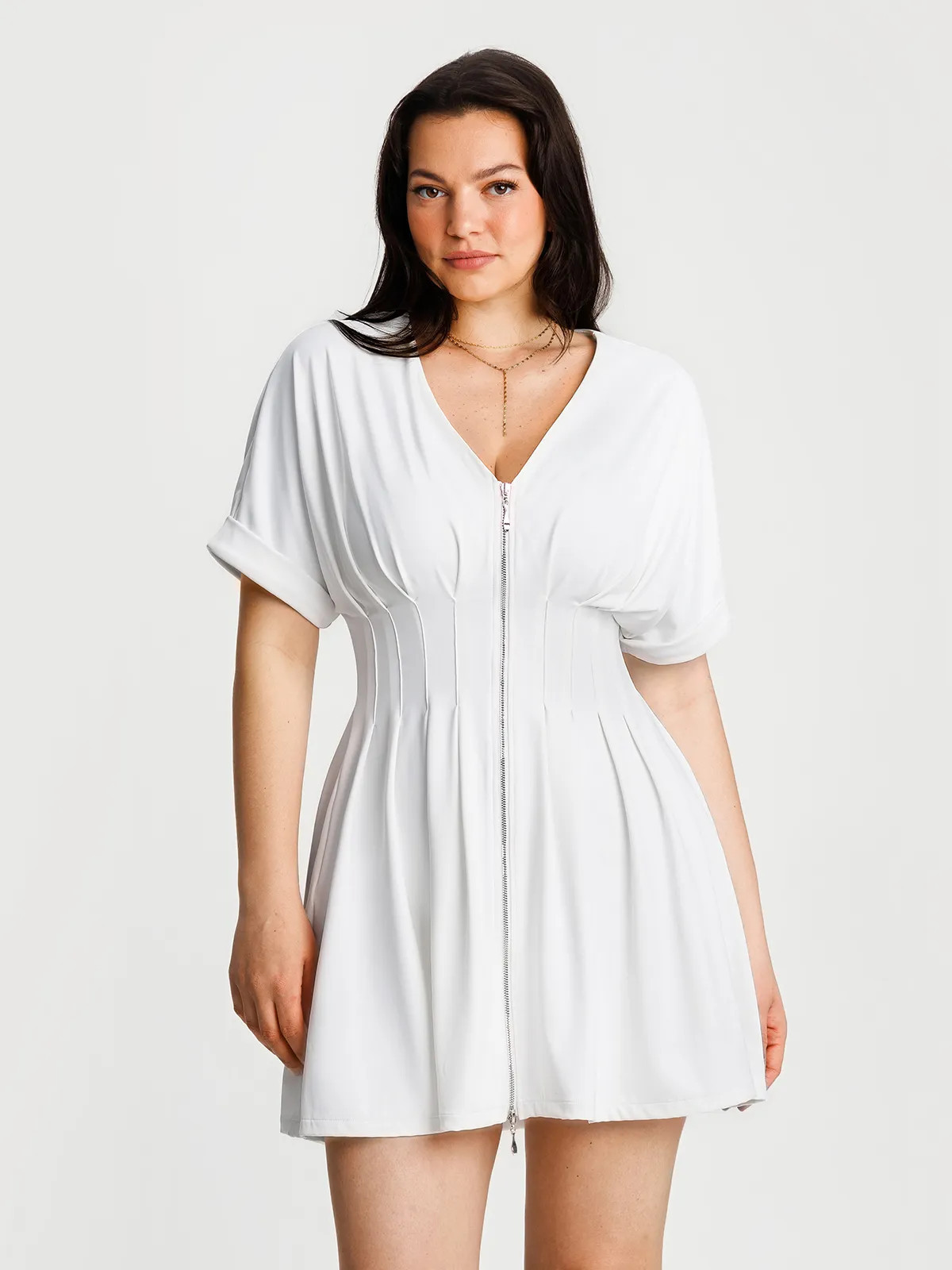 Deep V Zip Front Two-Piece Sculpting Mini Dress - White / 3XL | Popilush