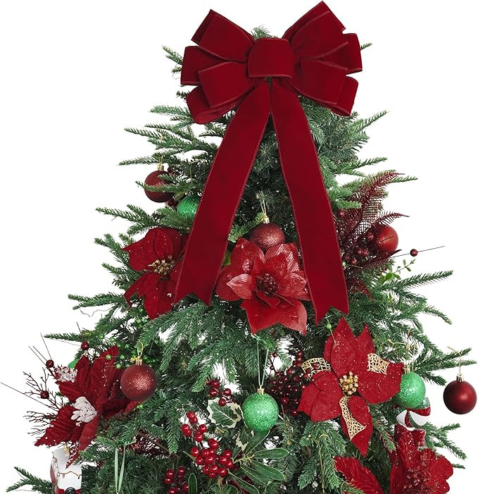 13" Red Bow Pre-Tied Bow for Christmas Tree, Red Velvet Ribbon Bow for Wreaths, Tree Toppers Bow,... | Amazon (US)