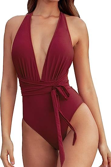 CUPSHE Women’s One Piece Swimsuit Sexy Deep V Neck Solid Red Bathing Suit | Amazon (US)