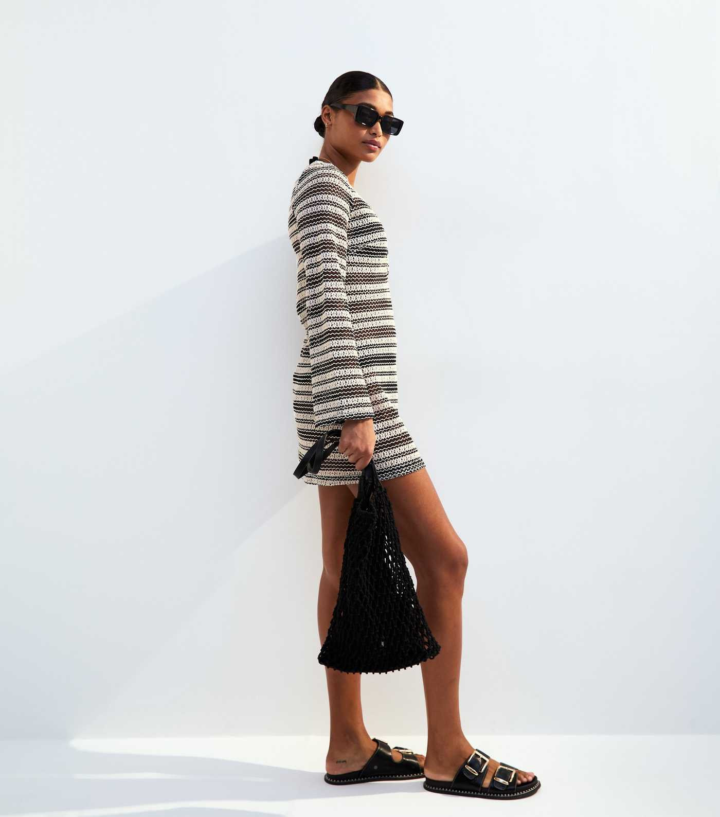 Black Striped Crochet Kaftan Beach Cover Up Dress | New Look | New Look (UK)