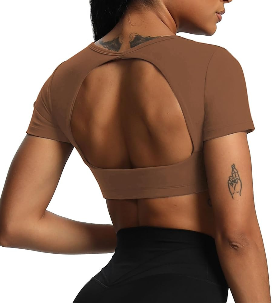 Aoxjox Short Sleeve Crop Tops for Women Clarissa Hollow Back Workout Crop T Shirt Top | Amazon (US)