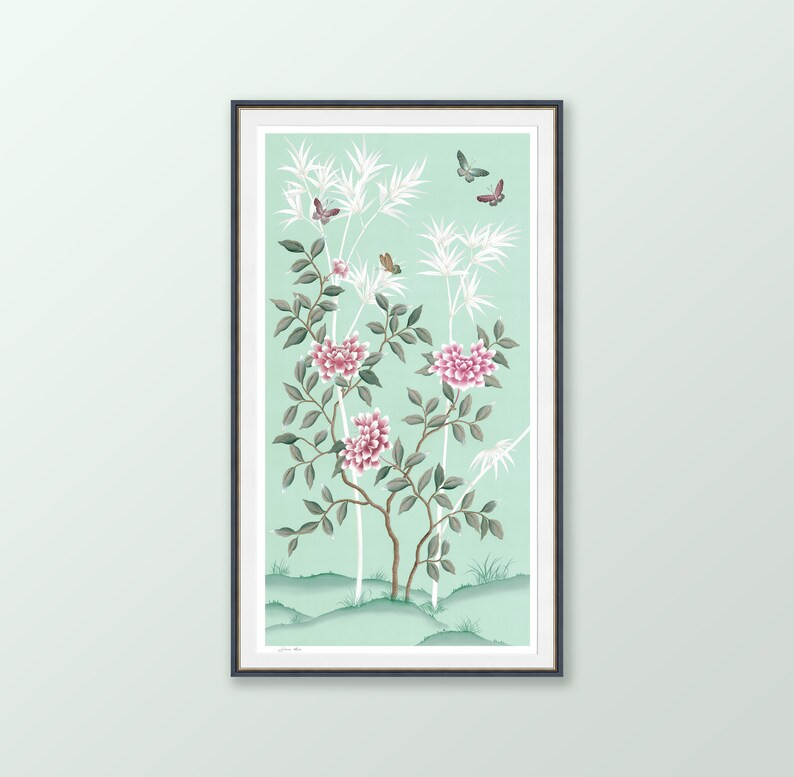 Vivid chinoiserie print, Detailed Chinese style painting, Flowers and butterfly wall art, "Mariya... | Etsy (US)