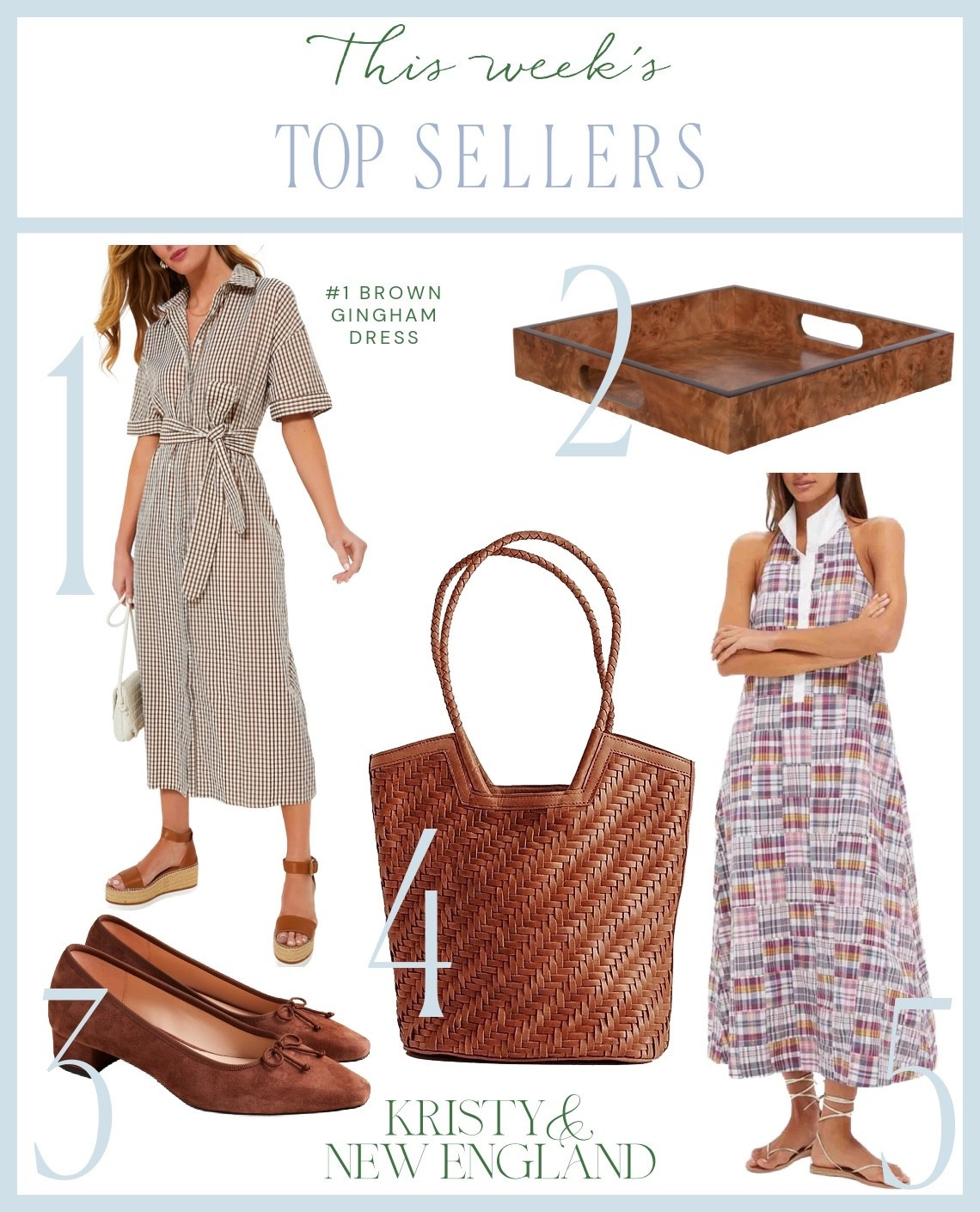 Top Sellers of the Week #1 Brown Gingham Dress #2 Burl Wood Tray (on sale) #3 Cognac Suede Heels #4 Brown Leather Woven Bag  #5 Madras Maxi Dress

#LTKItBag #LTKShoeCrush #LTKOver40