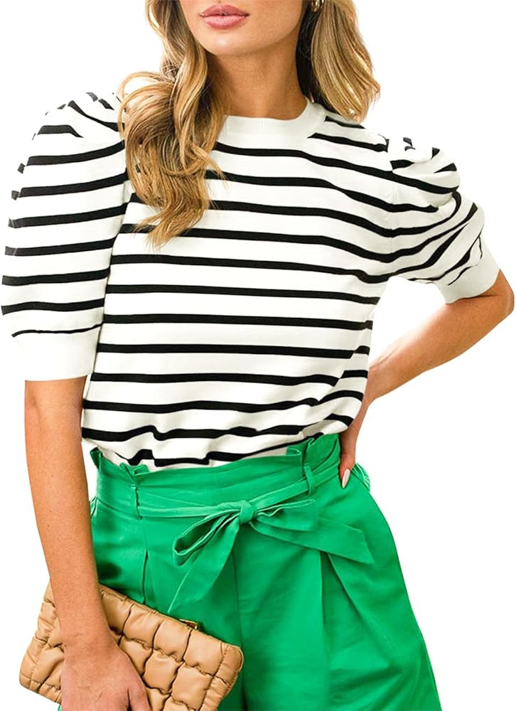 Langwyqu Womens Striped Sweaters Puff Short Sleeve Tops Crew Neck 2024 Spring Summer Trendy Casua... | Amazon (US)