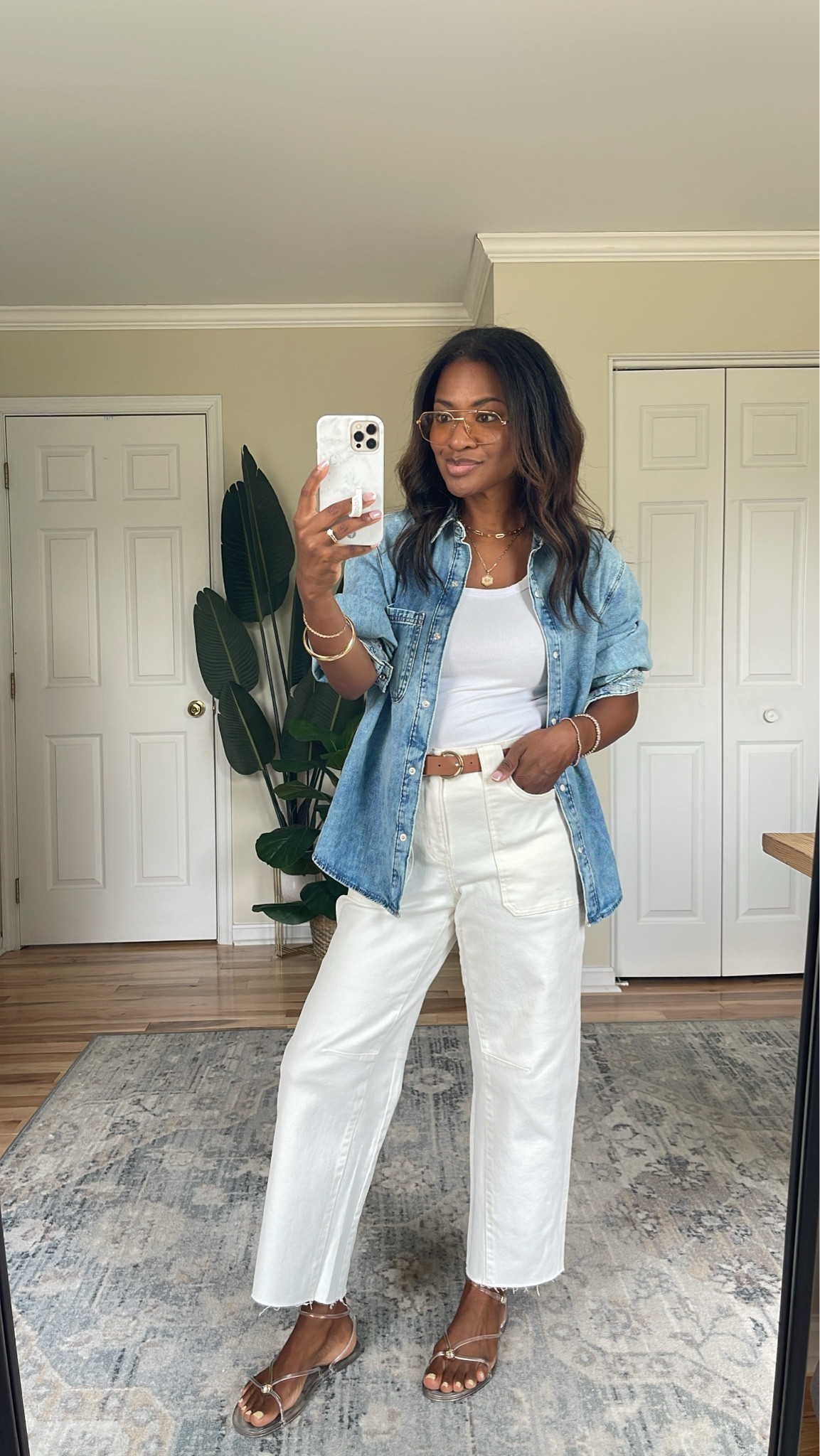 Wearing a medium in the denim button down and a size 4 in the jeans

#LTKgrwm #LTKootd #LTKOver40