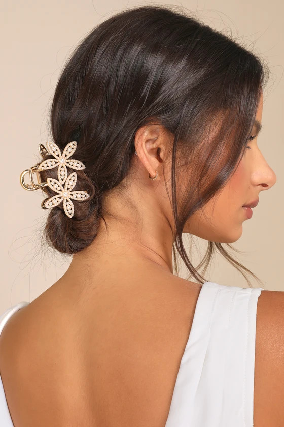 Completely Blossoming Gold Rhinestone Pearl Flower Hair Clip Set | Lulus