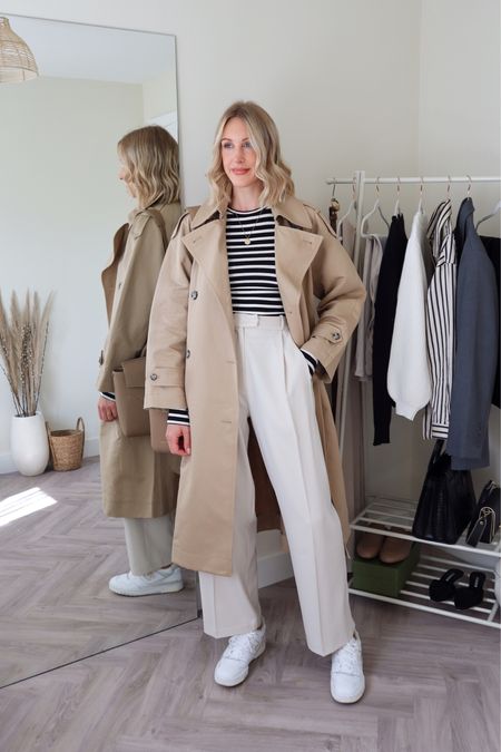 Trench coat outfit - smart casual - Breton stripe top - white trousers - white sneakers 

#LTKworkwear #LTKeurope #LTKunder100