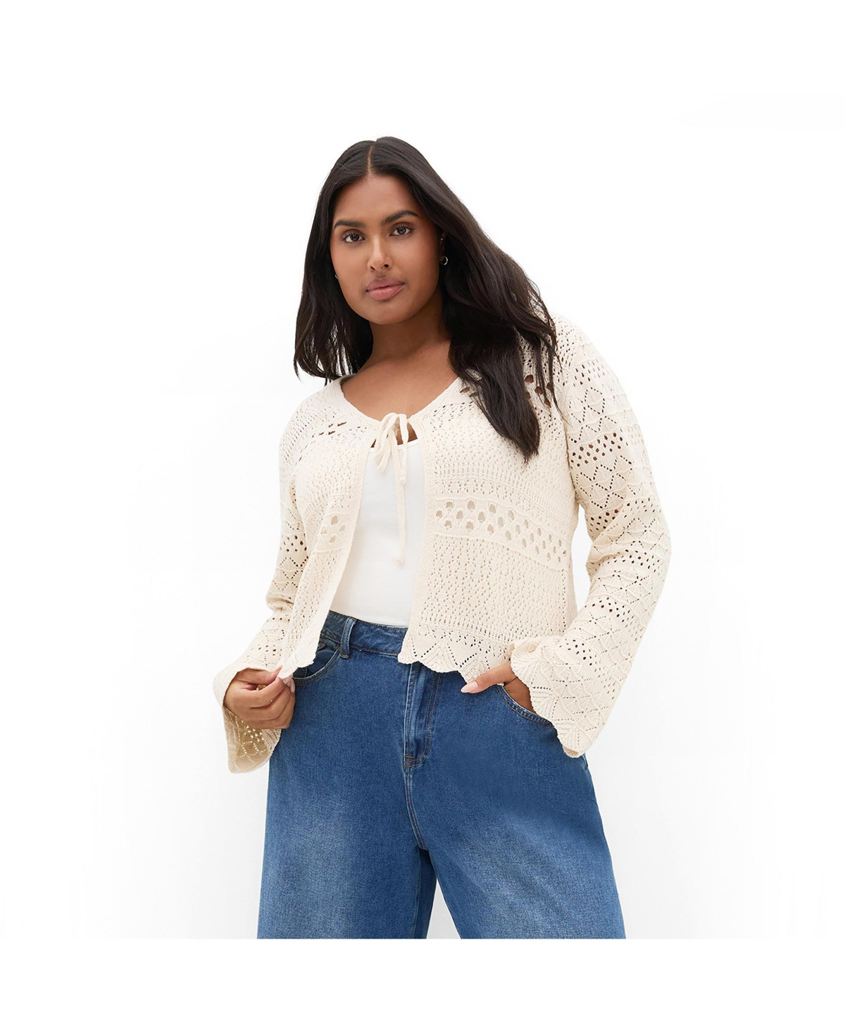 City Chic Women's Crochet Love Tie Front Top - Butter | Macy's