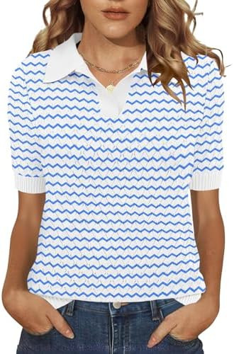 Rapbin Womens Short Sleeve Polo Sweater Knit Collared Pollover Summer V Neck Business Casual Tops | Amazon (US)