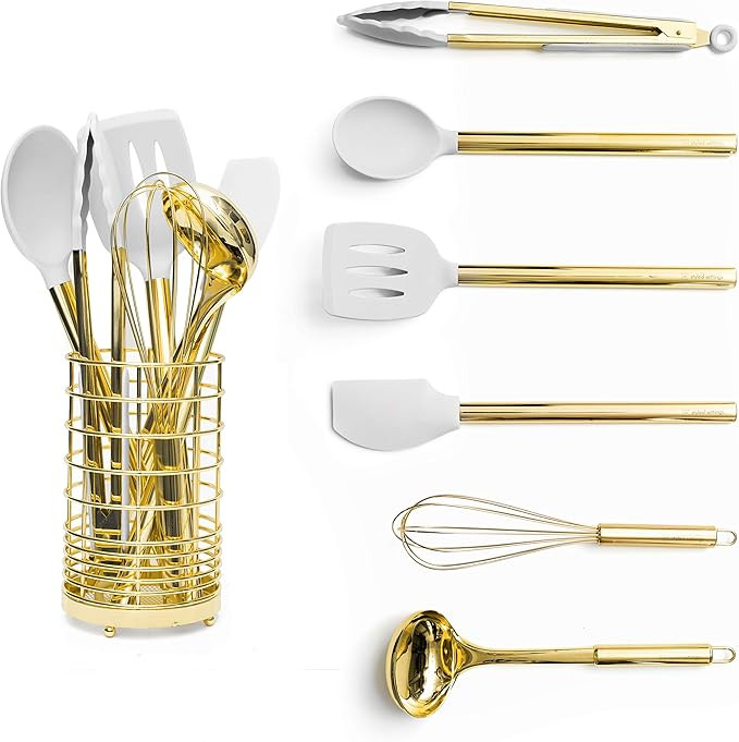 White Silicone and Gold Cooking Utensils Set with Holder- 7 PC Gold Kitchen Utensils Set Includes... | Amazon (US)