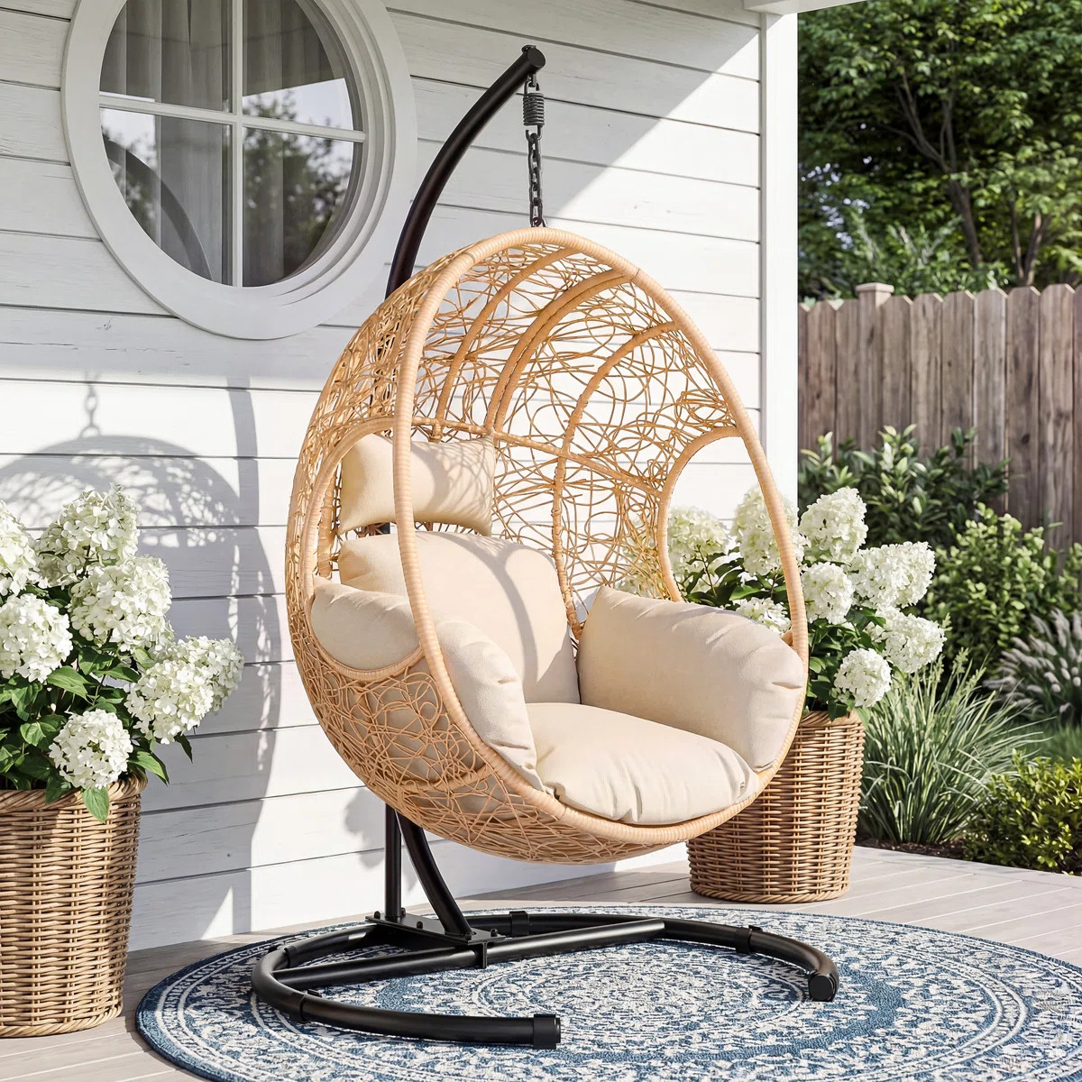 Oversized Outdoor Hanging Egg Chair with Stand, Cushion & Rain Cover, PE Rattan Wicker Patio Swin... | Wayfair North America