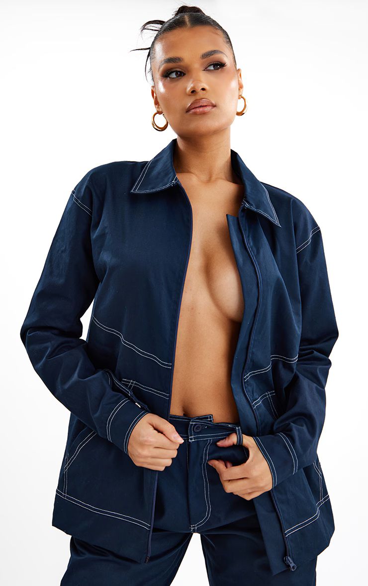 Navy Contrast Stitch Twill Oversized Zip Up Jacket | PrettyLittleThing US