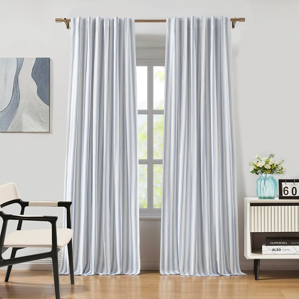 ZJDECOR Blue Striped Blackout Curtains 84 Inches Length,Ticking Stripe on White Cotton Blended Li... | Amazon (US)