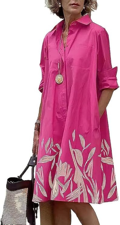 MARSVOVO Womens Linen Long Sleeve Midi Printed Button Down Shirt Dress Plus Size Loose Shirt Dres... | Amazon (US)