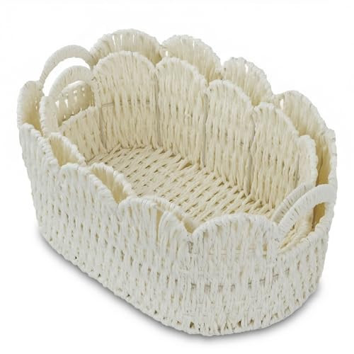 Coeusy Paper Rope Scalloped Basket Set of 2,Hand-woven Storage Baskets for Shelves,Nursery,Books,Toys,Cute Boho Decor Baskets for Organizing,White | Amazon (US)