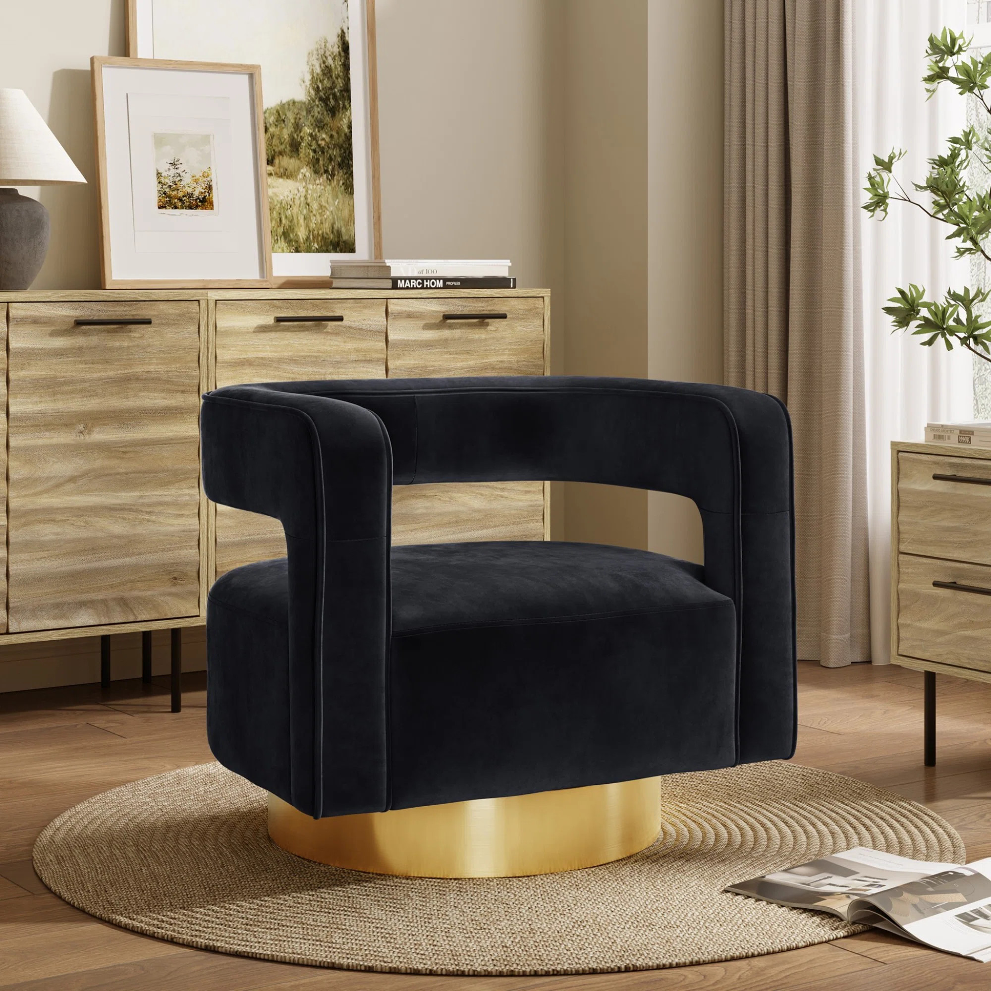 Upholstered Black Velvet Open Back Club Chair with Gold Base | Wayfair North America