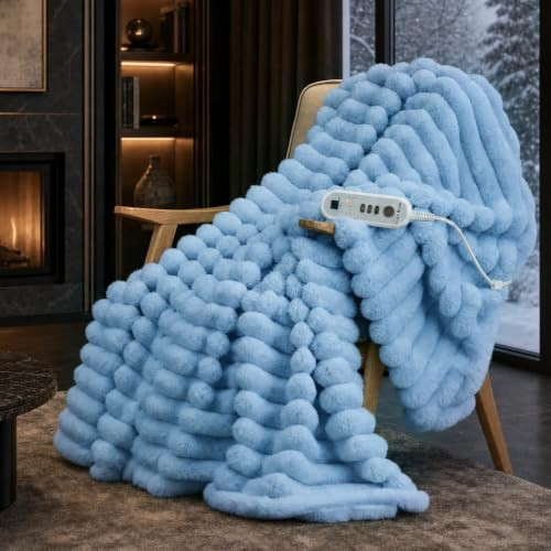 Cozy Bliss Heated Striped Faux Fur Blanket Electric Throw 62"x84", Fast Heating, 8 Heat Levels & 8 Timer Settings with Auto-Off, Overheat Protection ETL Certified, Machine Washable, Haze Blue | Amazon (US)