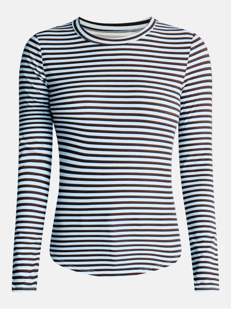 No Boundaries Ribbed Crewneck Tee with Long Sleeves, Women's & Women's Plus XXS-4X | Walmart (US)