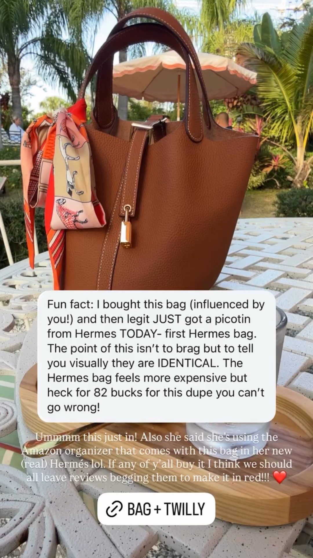 Ummmm this just in! Also she said she’s using the Amazon organizer that comes with this bag in her new (real) Hermés lol. If any of y’all buy it I think we should all leave reviews begging them to make it in red!!! ❤️