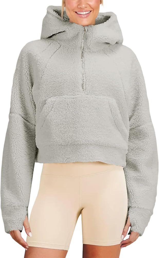 Womens Fleece Hoodies Half Zipper Sherpa Hooded Pullover Crop Long Sleeve Zip Up Jacket Coats | Amazon (US)