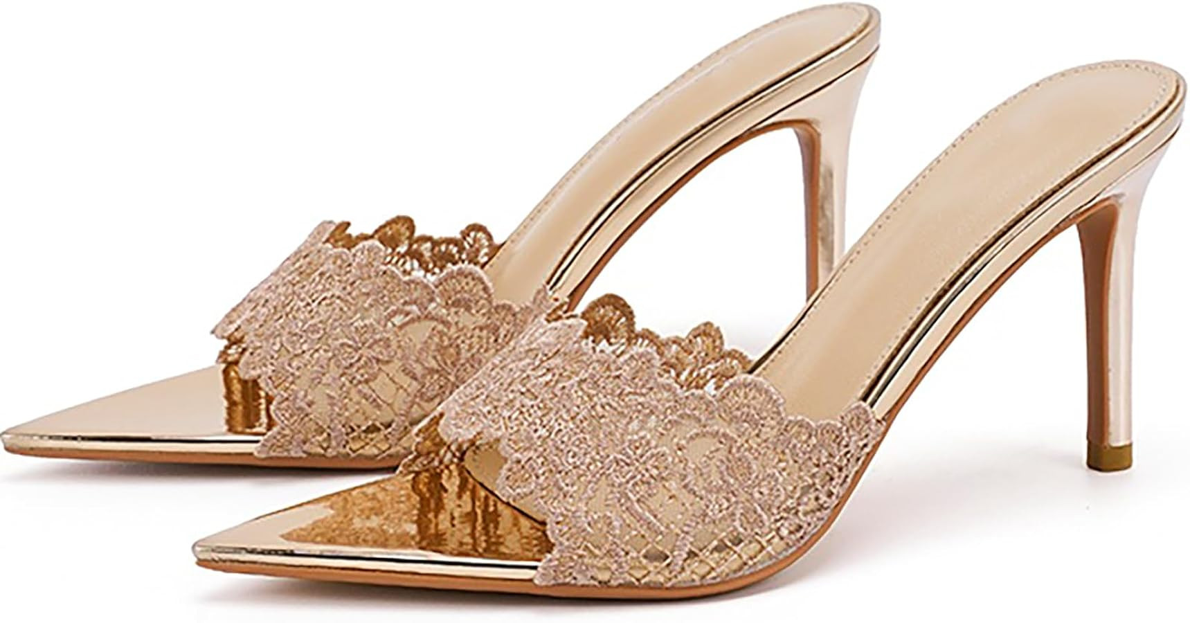 Women'S Sexy Lace Pointed Open Toe Stiletto Heel Slides Sandals Elegant Mesh Breathable Comfort Slip On Heel Mules Sandals Party Wedding Backless Dress Pumps | Amazon (US)