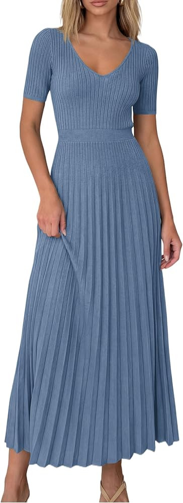 PRETTYGARDEN Women's 2026 Spring Midi Sweater Dresses Elegant Pleated Ribbed Knit Short Sleeve V ... | Amazon (US)