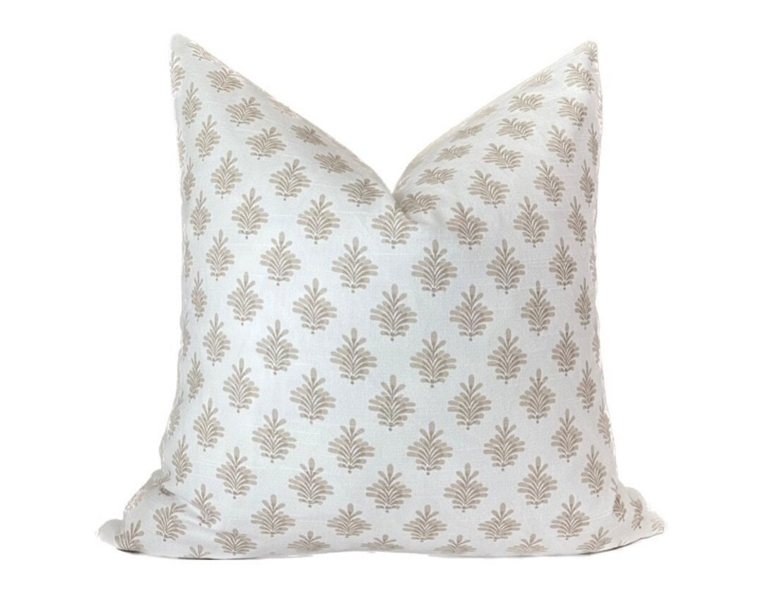 Block Print Pillow Cover Floral Pillow Fall Beige White Throw Pillow Modern Pillow Cover Linen Lo... | Etsy (US)