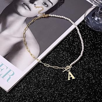 Gold Initial Pearl Necklace for Women, 14K Gold Plated Paperclip Link Chain Necklace Choker Toggl... | Amazon (US)