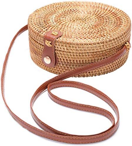 Handwoven Round Rattan Bag Shoulder Leather Straps Natural Chic Hand, Golden, 8*3.5 | Amazon (CA)