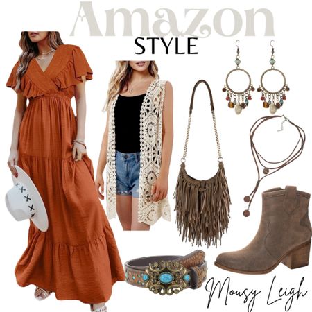 Rustic boho. 

Maxi dress, crochet vest, ankle boots, jewelry, earrings, necklace, fringe crossbody purse, turquoise belt buckle, western chic, cowgirl, country, festival outfit idea. Concert, burnt orange, brown 

#LTKstyletip #LTKitbag #LTKunder50