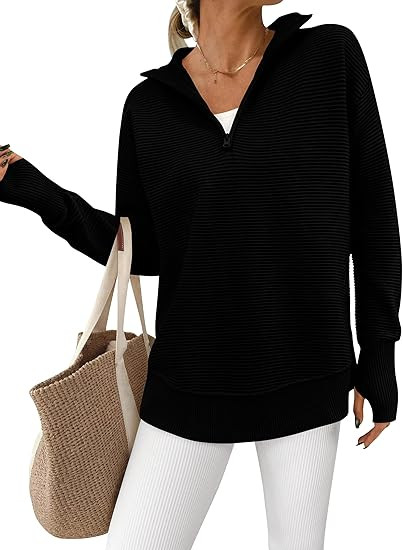PRETTYGARDEN Womens Long Sleeve Quarter Zip Pullover Sweater Casual Loose V Neck Collared Ribbed ... | Amazon (US)