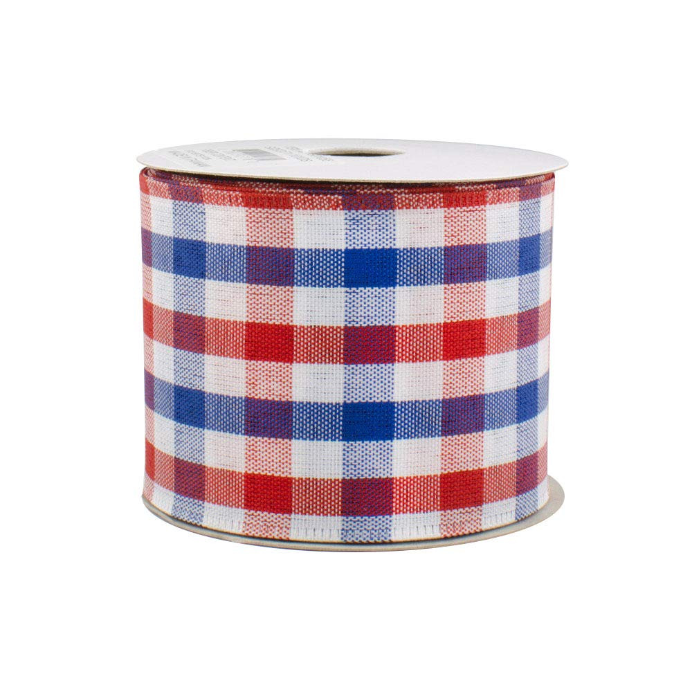 Memorial Day Patriotic Plaid Ribbon - 2 1/2" x 10 Yards, Wired Edge, Red, White, Blue Gingham, 4t... | Amazon (US)