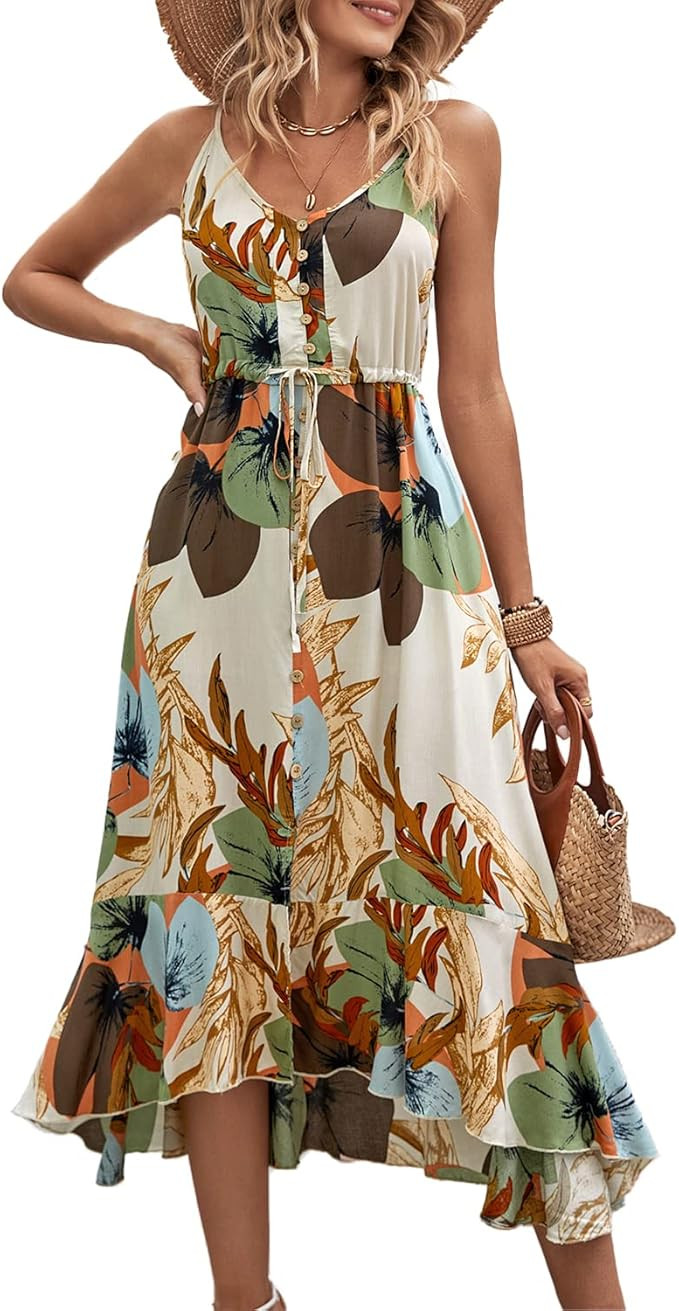 BROVAVE Women's 2026 Summer Casual Boho Sundress Polka Dot Spaghetti Strap V Neck Flowy Midi Dres... | Amazon (US)