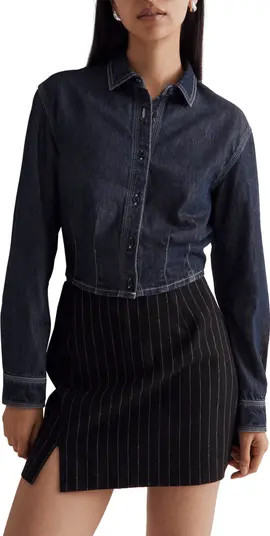 Denim Pleated Crop Button-Up Shirt | Nordstrom