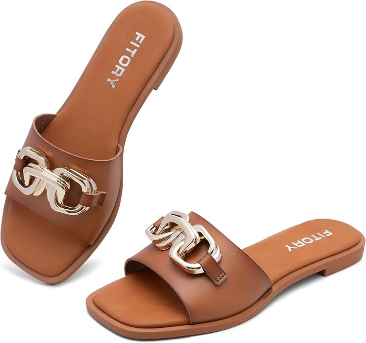 FITORY Women's Flat Sandals Fashion Slides With Soft Leather Slippers for Summer Size 6-11 | Amazon (US)