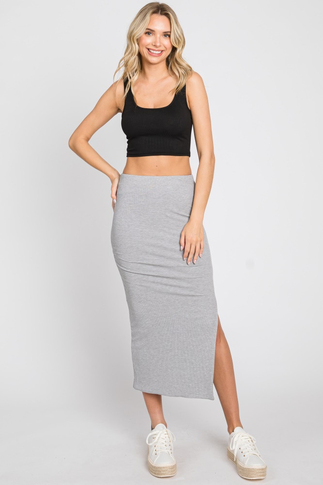 Heather Grey Ribbed Side Slit Midi Skirt | PinkBlush Maternity