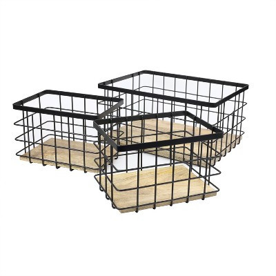 happimess Evvie Vintage Farmhouse Handmade Wire Metal Nesting Storage Baskets with Wood Base, Black/Natural (Set of 3) | Target