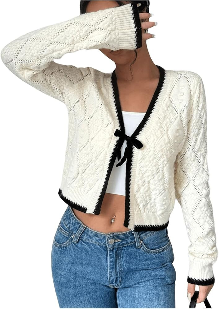 GORGLITTER Women's Tie Front Cropped Cardigan Dressy Fall Sweaters Long Sleeve Knit Crochet Tops | Amazon (US)