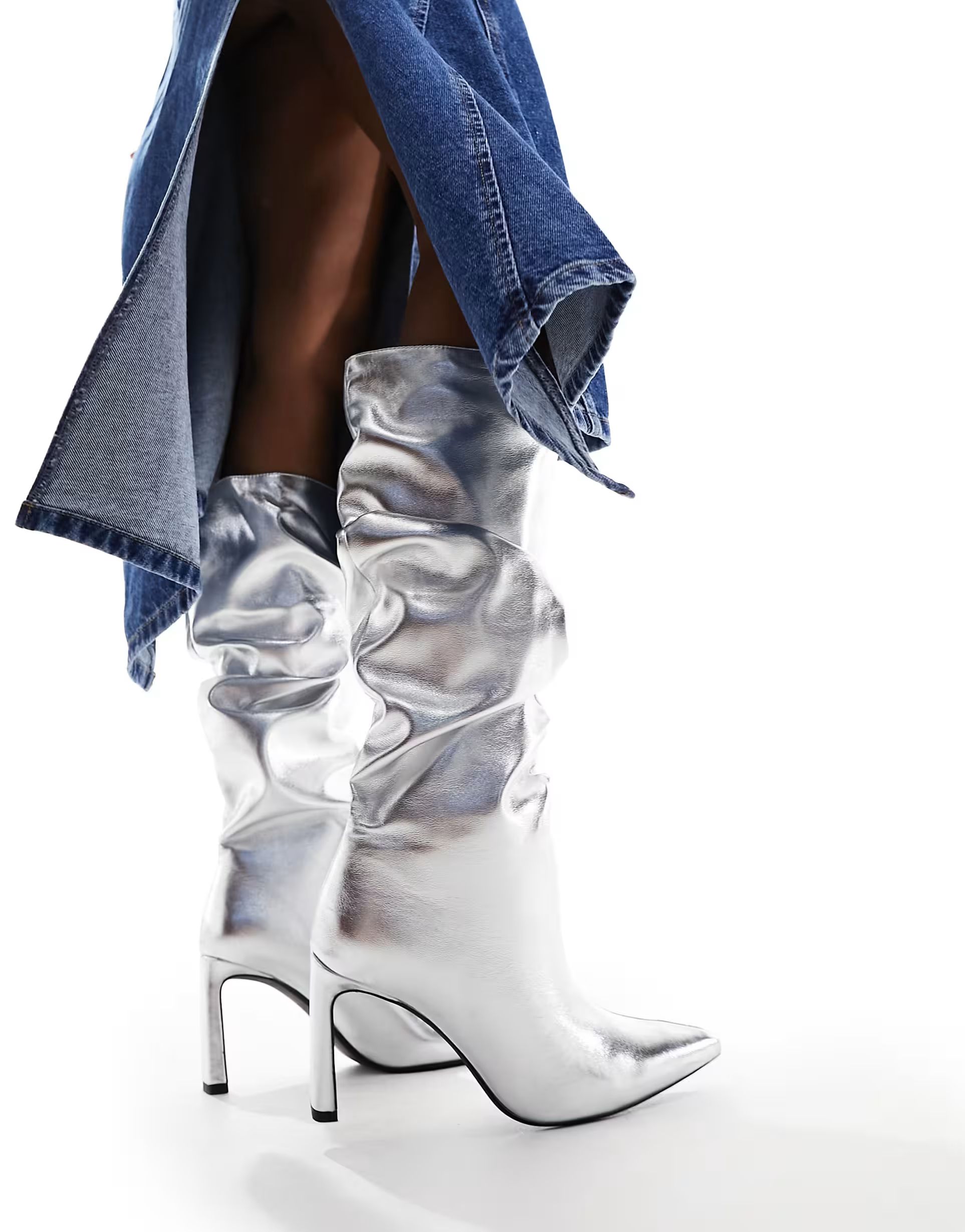 Bershka knee high boots in silver metallic | ASOS (Global)