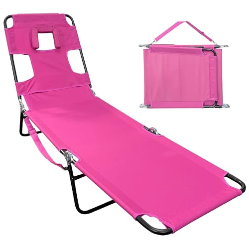Face Down Tanning Chaise Lounge Chair - Face & Arm Holes - 2 Legs Support - Polyester Material – Backrest Positions - Head Rest Pillow - Beach or Home Use - Read and Tan - Pink Stripes Pattern | Amazon (US)